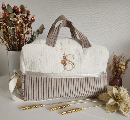 Sac à langer en gaze de coton écrue et velours côtelé greige
