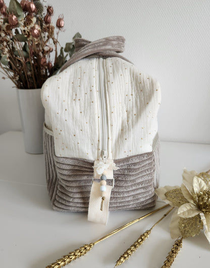 Sac à langer en gaze de coton écrue et velours côtelé greige