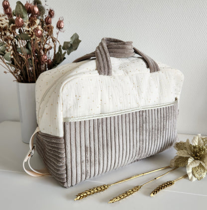 Sac à langer en gaze de coton écrue et velours côtelé greige