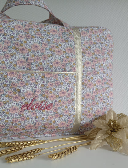 Sac à langer ou de voyage, coton fleuri molletonné vieux rose