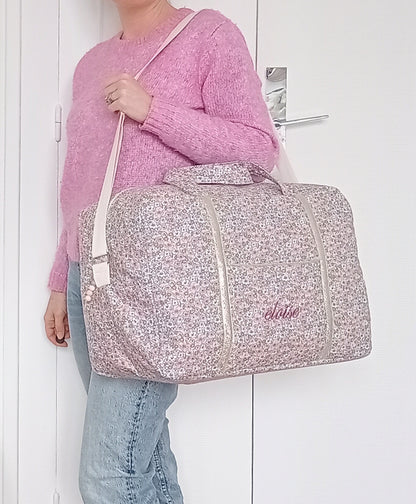 Sac à langer ou de voyage, coton fleuri molletonné vieux rose