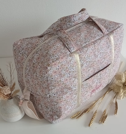 Sac à langer ou de voyage, coton fleuri molletonné vieux rose