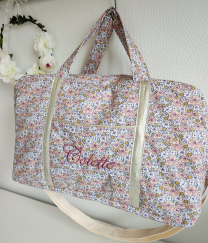 Sac à langer ou de voyage, coton fleuri molletonné vieux rose