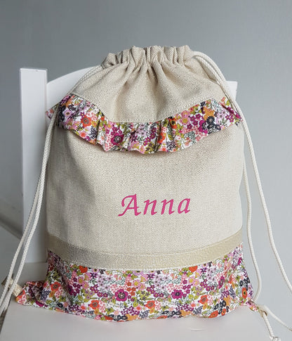 Sac à dos enfant beige scintillant et liberty orange.