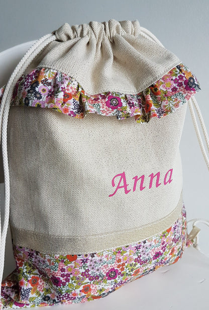 Sac à dos enfant beige scintillant et liberty orange.