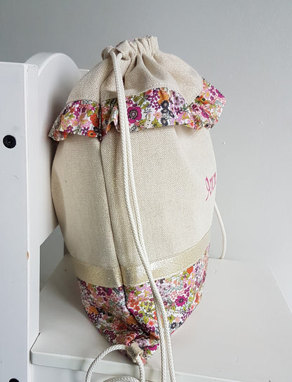 Sac à dos enfant beige scintillant et liberty orange.