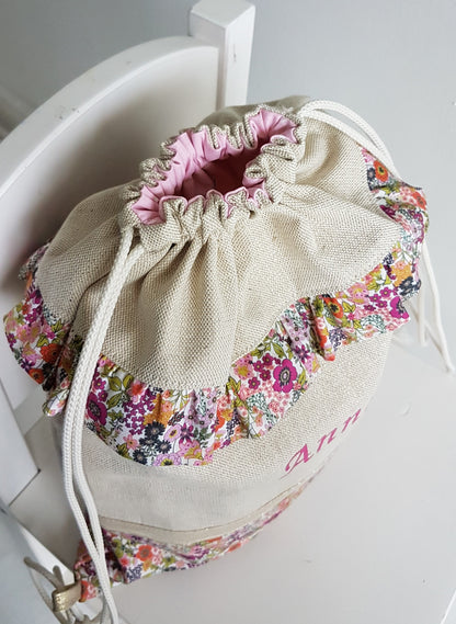 Sac à dos enfant beige scintillant et liberty orange.