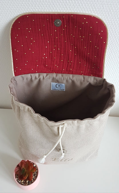 Sac à dos maternelle coton beige scintillant et double gaze de coton