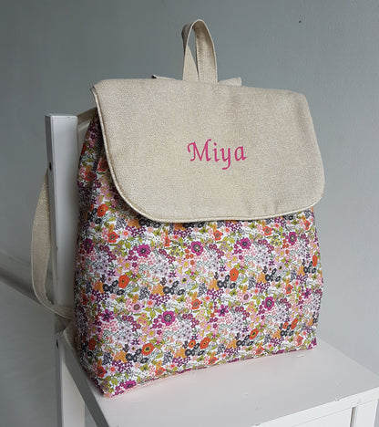 Sac à dos maternelle, coton beige scintillant et liberty orange