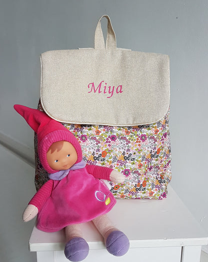 Sac à dos maternelle, coton beige scintillant et liberty orange