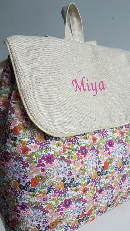 Sac à dos maternelle, coton beige scintillant et liberty orange