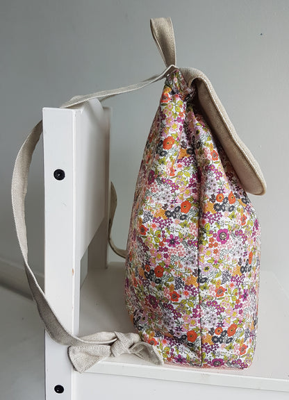 Sac à dos maternelle, coton beige scintillant et liberty orange