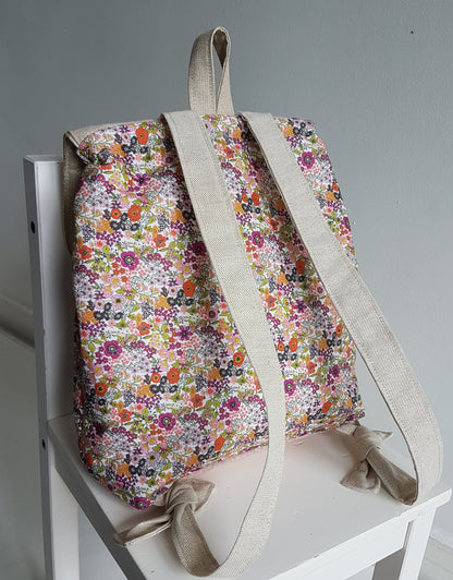 Sac à dos maternelle, coton beige scintillant et liberty orange