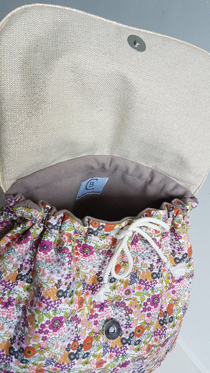 Sac à dos maternelle, coton beige scintillant et liberty orange