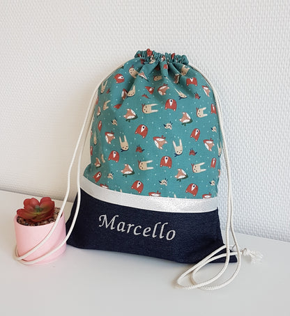 Sac à dos enfant jean et vert motifs animaux
