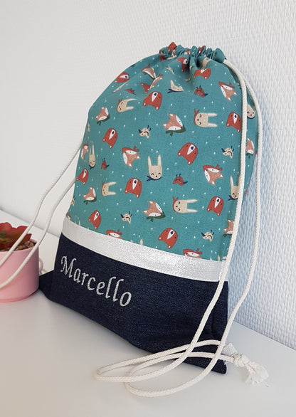 Sac à dos enfant jean et vert motifs animaux