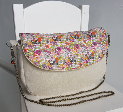 Sac à main bandoulière femme, beige scintillant et liberty orange