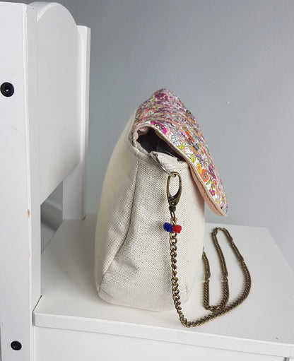 Sac à main bandoulière femme, beige scintillant et liberty orange