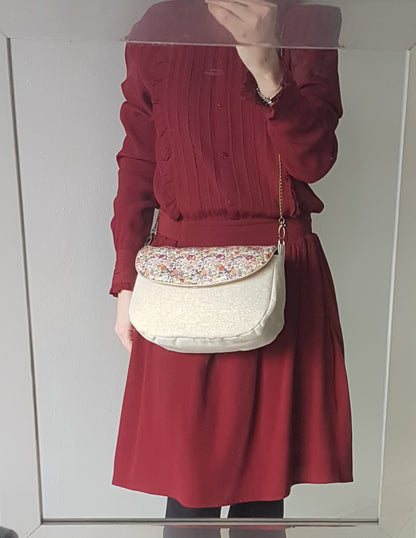 Sac à main bandoulière femme, beige scintillant et liberty orange