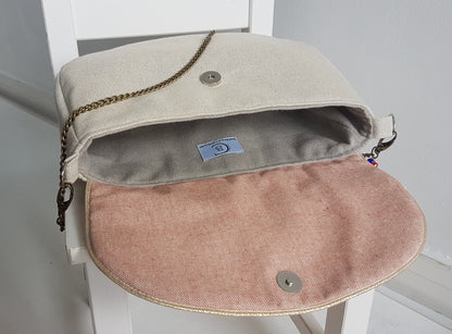 Sac à main bandoulière femme, beige scintillant et liberty orange
