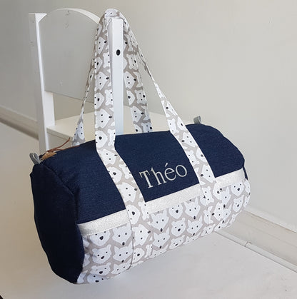 Sac polochon enfant jean denim bleu foncé et motifs animaux beige