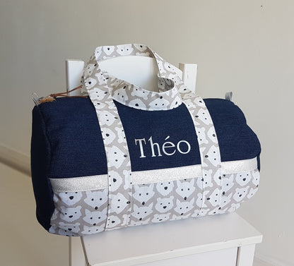 Sac polochon enfant jean denim bleu foncé et motifs animaux beige
