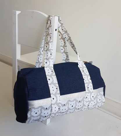 Sac polochon enfant jean denim bleu foncé et motifs animaux beige
