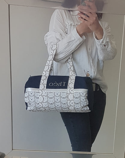 Sac polochon enfant jean denim bleu foncé et motifs animaux beige