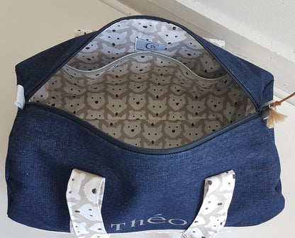 Sac polochon enfant jean denim bleu foncé et motifs animaux beige