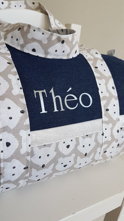 Sac polochon enfant jean denim bleu foncé et motifs animaux beige