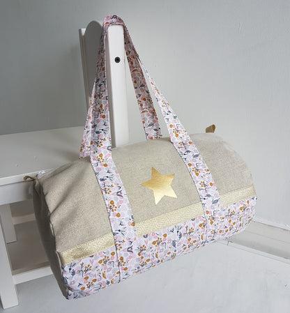 Sac polochon en coton beige scintillant et liberty rose et gris