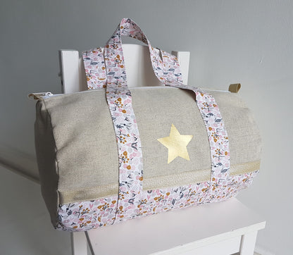 Sac polochon en coton beige scintillant et liberty rose et gris