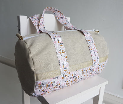 Sac polochon en coton beige scintillant et liberty rose et gris