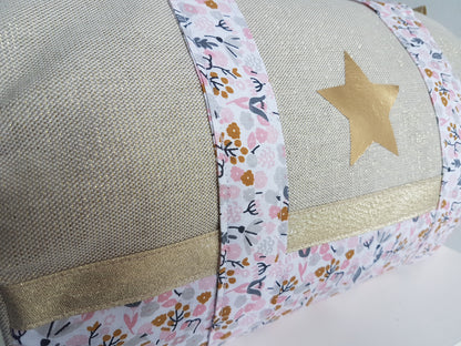 Sac polochon en coton beige scintillant et liberty rose et gris