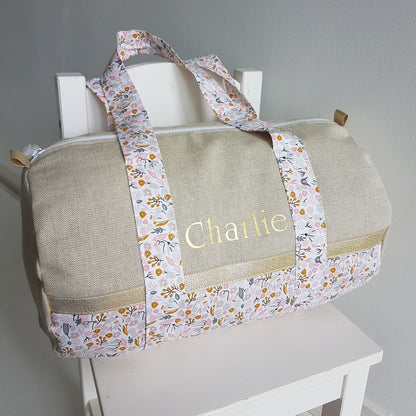 Sac polochon en coton beige scintillant et liberty rose et gris