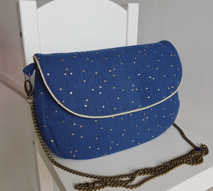 Sac à main bandoulière femme, double gaze de coton à pois dorés