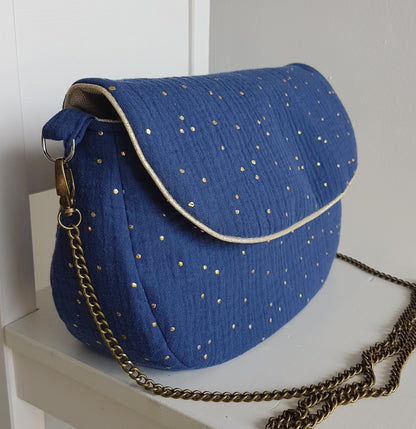 Sac à main bandoulière femme, double gaze de coton à pois dorés