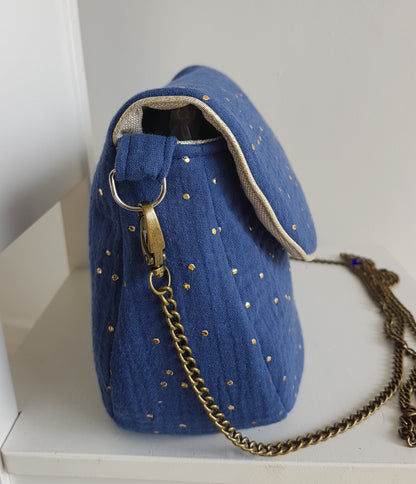Sac à main bandoulière femme, double gaze de coton à pois dorés