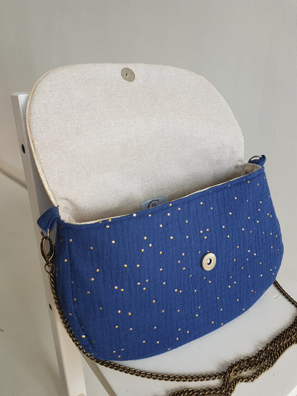 Sac à main bandoulière femme, double gaze de coton à pois dorés