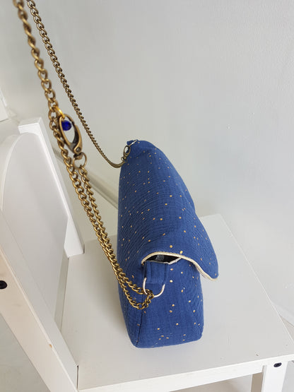 Sac à main bandoulière femme, double gaze de coton à pois dorés