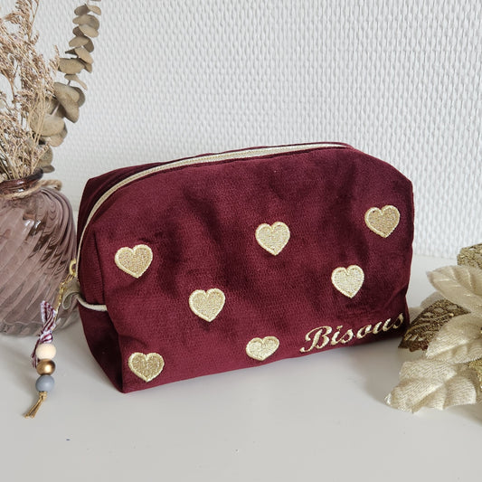 Trousse à maquillage "Bisous" en velours et coeurs dorés brodés