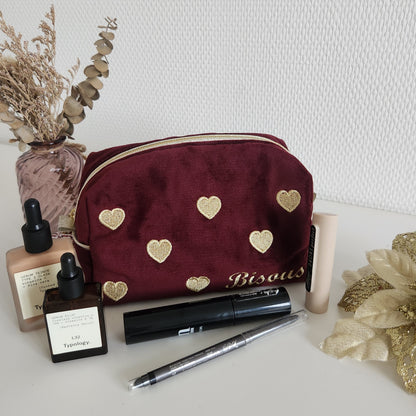 Trousse à maquillage "Bisous" en velours et coeurs dorés brodés