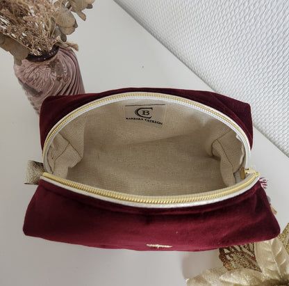 Trousse à maquillage "Bisous" en velours et coeurs dorés brodés