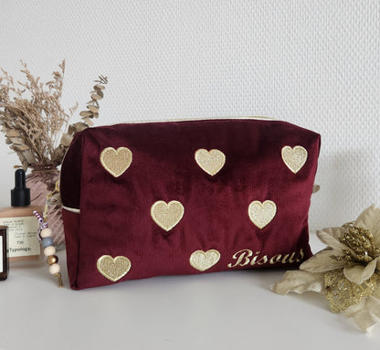 Trousse de toilette "Bisous" en velours et coeurs dorés brodés