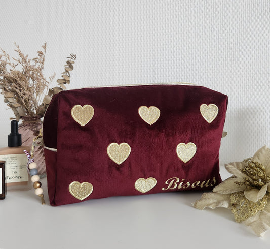 Trousse de toilette "Bisous" en velours et coeurs dorés brodés