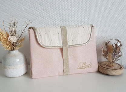 Tapis à langer nomade, rose pâle scintillant et double gaze de coton écrue à pois dorés