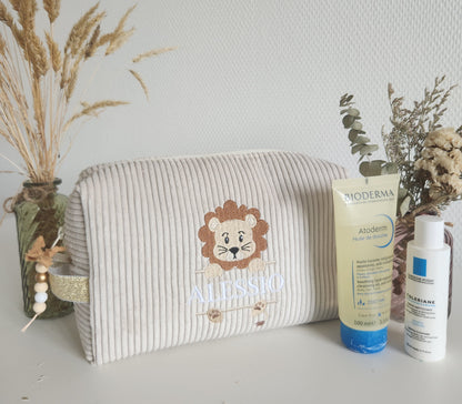 Trousse de toilette en velours côtelé et broderie lion