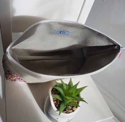 Grande pochette / trousse beige scintillant et liberty orange