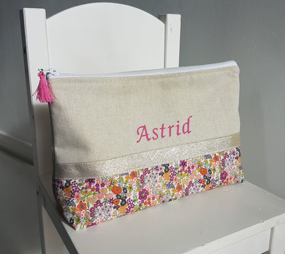 Grande pochette / trousse beige scintillant et liberty orange