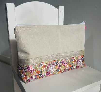 Grande pochette / trousse beige scintillant et liberty orange